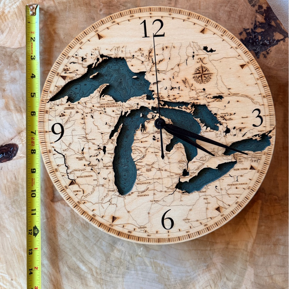 Laser-Etched Great Lakes Wooden Wall Clock in Natural and Blue